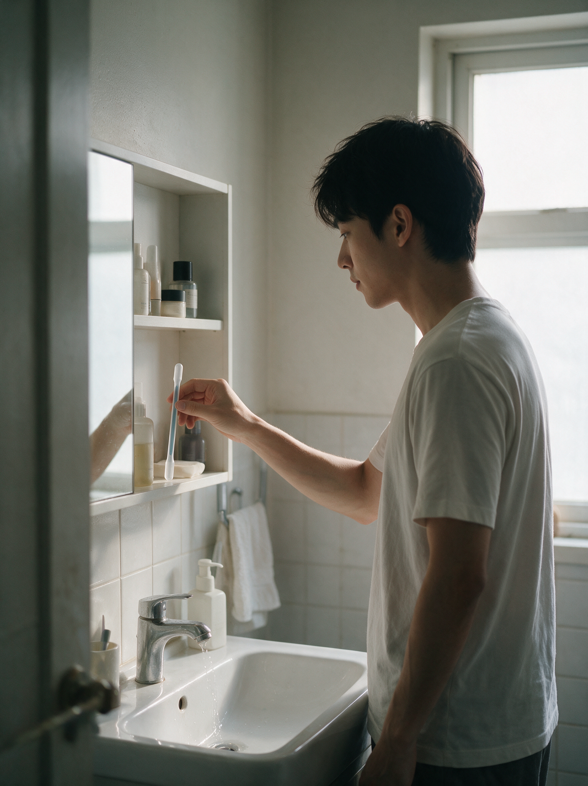 Le matin, dans la salle de bain